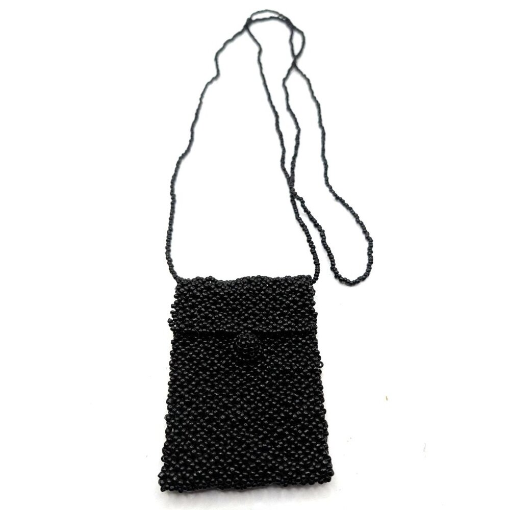 Vtg Handmade Black Beaded Mini Crossbody Bag  4"x3" Size - Picture 8 of 9